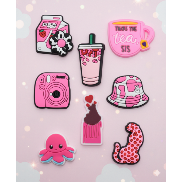 Джибітси рожева тематика мода Pink Jibbitz 8 шт аксесуари крокс прикраса