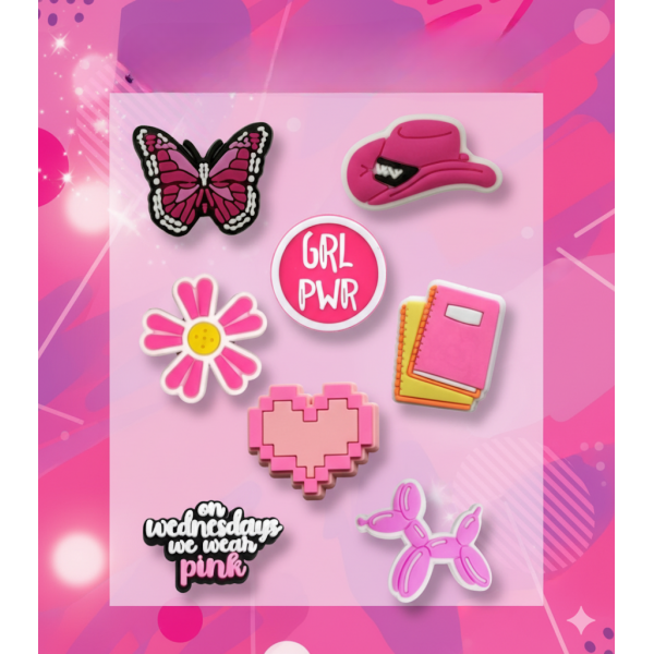 Джибітси рожева тематика мода Pink Jibbitz 8 шт аксесуари крокс прикраса