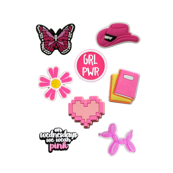 Джибітси рожева тематика мода Pink Jibbitz 8 шт аксесуари крокс прикраса