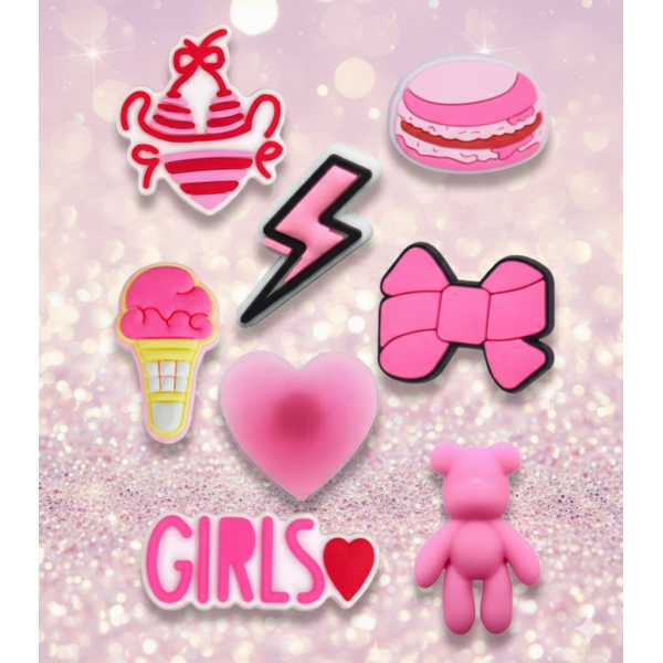 Джибітси рожева тематика мода Pink Jibbitz 8 шт аксесуари крокс прикраса