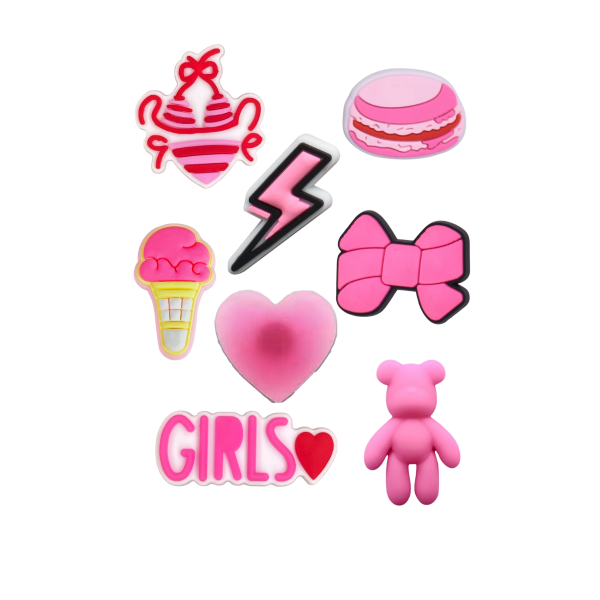 Джибітси рожева тематика мода Pink Jibbitz 8 шт аксесуари крокс прикраса