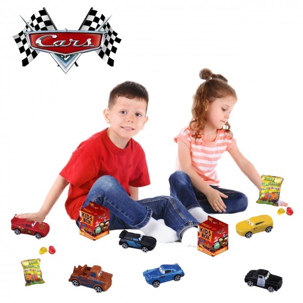 Тачки Cars Kids Box іграшки з жувальним мармеладом в коробочці солодощі та іграшки Гвідо, Луїджі, Матер, Філмор