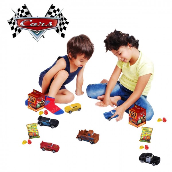 Тачки Cars Kids Box іграшки з жувальним мармеладом в коробочці солодощі та іграшки Гвідо, Луїджі, Матер, Філмор